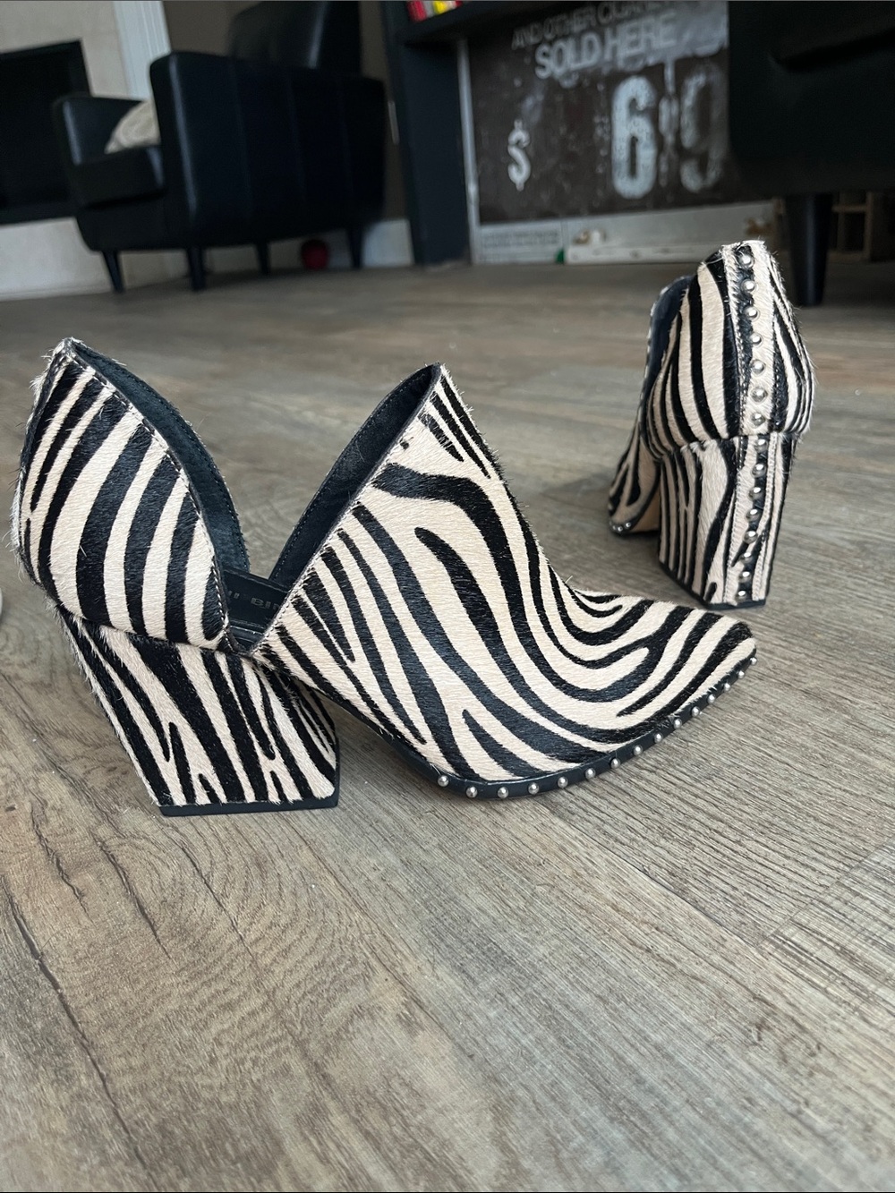 Gianni Bini Zebra-Print Studded Block Heel - Black & Cream